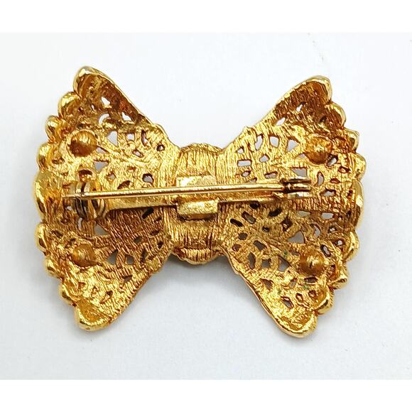Florenza Vintage Pearl Jet Black Bow Brooch - Picture 3 of 3